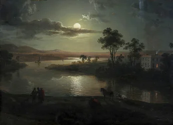 Evening Scene with Full Moon and People