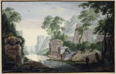 Ancient grave ruins in a river landscape