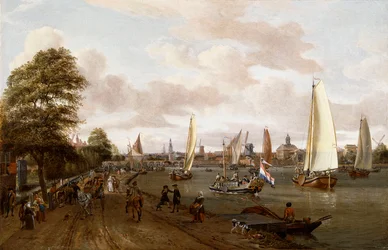 A Panoramic View of Amsterdam with a Barge and Small Ships on the Buiten-Amstel