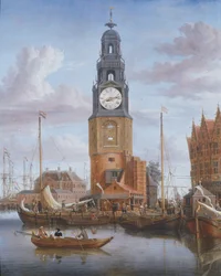 View of the Haringspacker Tower in Amsterdam, with a working clock-face set into the painting, 1684