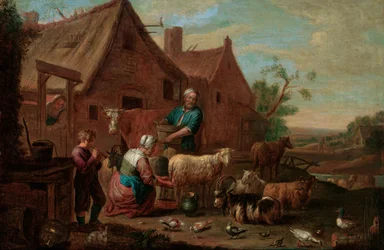 Peasant Family with Cattle, Sheep and Goats in a Farmyard