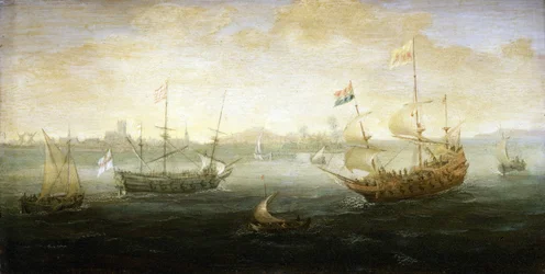 A Dutch and a British boat, flying the Stuart flag, sailing off a port, visible on the horizon, surrounded by various small boats