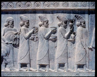 View of the reliefs of eastern stairs: Assyrian ambassadors bringing offers and presents