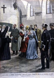 In Madrid, a young woman, Mademoiselle Ubao, is taken from the life of a nun in a convent where she was placed by the suggestion of the Jesuits. Illustration by Beltrame. La Domenica del corriere. 1901