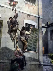 A daring escape of four inmates from Asti prison after breaking through the wall. Drawing by Beltrame