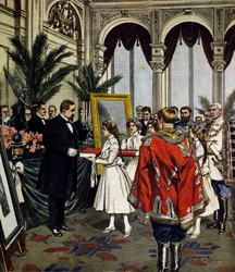 Anniversary of author of Quo Vadis?, presentation of gifts to Sinkievicz in Warsaw, illustration by Achille Beltrame, La Domenica del Corriere, No. 3, January 20