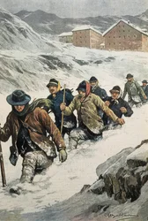 Italian Workers Crossing the St. Bernard Pass Between Aosta and Switzerland. Cover of La Domenica del Corriere. 02/14/1904