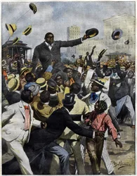 Boxer Jack Johnson arrived in Chicago in 1910. Illustration by Achille Beltrame for La Domenica del Corriere