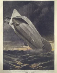 German cruiser being swept away by hurricane near Heligoland Island