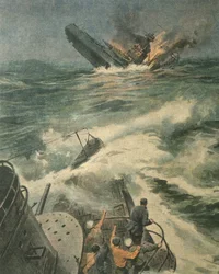 Maryland class American battleship being sunk by Italian submarine Barbarigo in Atlantic Ocean, during World War II