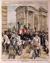Cyclists parading by Arch of Peace, Italian Touring Club celebration in Milan, Italy, illustration by Achille Beltrame from La Domenica del Corriere, June 4