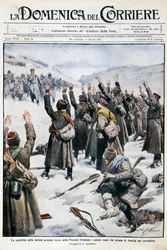 Defeat of tenth Russian army in East Prussia: Russian soldiers raising their arms in surrender, plate by Achille Beltrame from La Domenica del Corriere