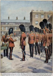 Distribution of clover for Saint Patrick (Patron of Ireland) by Irish regiments, England - drawing by A. Beltrame, in 