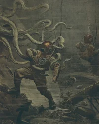Diver being attacked by giant octopus during dive, by Achille Beltrame, illustration, from La Domenica del Corriere, 25th October 1908