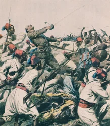 Ethiopian attack on Lugh garrison and killing of Captain Bongiovanni, by Achille Beltrame, illustration, Achille Beltrame (1871-1945), from La Domenica del Corriere