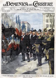 French President Armand Fallieres (1841 - 1931) presents the medal of the Legion of Honour to a hero who died in battle. Illustration by Beltrame. La Domenica del Corriere. 31/03/1907