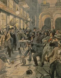 General workers strike in Milan, Riots in Galleria Vittorio Emanuele II, by Achille Beltrame, illustration, from La Domenica del Corriere