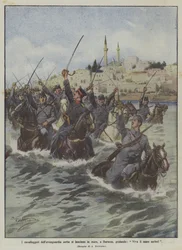 The Serbian vanguard cavalrymen throw themselves into the sea at Durazzo, shouting, Long live the Serbian sea