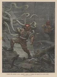 The Dramas of the Deep Sea, Diver Attacked and Entangled by the Tentacles of a Huge Octopus