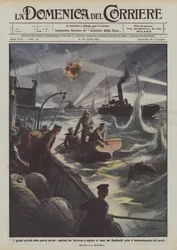 The great dangers of naval warfare, sailors working to remove mines from the Dardanelles