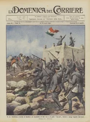 Colonel Maddalena waves the flag on the marabout of Sidi Aziz to the cry of Savoia!