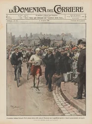 The Italian runner Dorando Pietri arrives first in the marathon but is disqualified