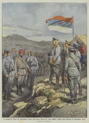 The old King Nicholas of Montenegro witnesses the first victory of his soldiers who made