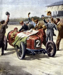 Italian victory at the 3rd European Motor Grand Prix: the mechanics from Ascari display the tricolour flag on the car. Illustration by Beltrame. La Domenica del Corriere. 07/1925