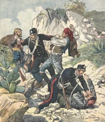 Italy (1902). Carabiniers arrest a bandit and his gang in Trapani. Illustration of Achille Beltrame from 