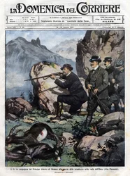 King of Italy Victor Emmanuel III with Prince Albert I of Monaco hunt the ibex. Cover of the Domenica del Corriere of 14 August 1910