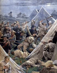 The Boer War or Transvaal War in South Africa opposing the English to the Boers: the latter attacked an English camp at Tweenfontein. Illustration by Beltrame. La Domenica del Corriere. 1902.