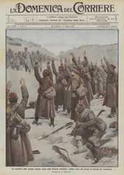 The defeat of the tenth Russian army in East Prussia, Russian soldiers raising their arms to surrender