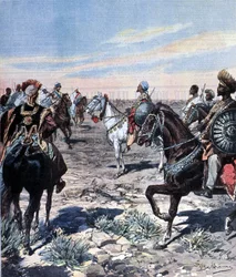 Captain Mozzetti in the camp of Ras Makonnen in Ethiopia. Illustration by Beltrame. La Domenica del corriere. 1899