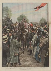 Gallop races at San Siro (Milan), the arrival of the winning horse of the 100,000 lire prize