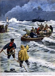 The shipwreck of the steamship Planier near the mouths of the Rhône: the rescuers bring back the passengers. Illustration by Beltrame. La Domenica del Corriere. 1901.