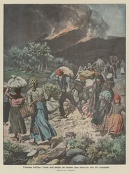 The eruption of Etna, the exodus of the inhabitants of the Etna side threatened by advancing lava