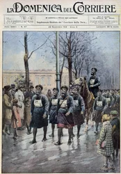 March organized in Warsaw to exercise the population in the use of gas masks - drawing by A. Beltrame, in 