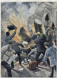 Midi Wine Crisis in 1907: Winemakers Set Fire to the Town Hall of Beziers (Herault). Illustration of Achille Beltrame from 1907