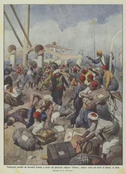 Passengers attacked by Bedouin boatmen aboard the Italian steamer Perseo while entering port