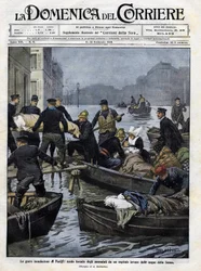 Rescue of the sick in Paris during the February 1910 floods. Cover of the Domenica del Corriere. 13 February 1910 illustration by Achille Beltrame