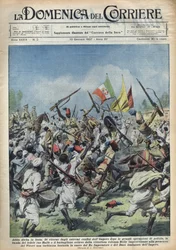 Scene of Joy in Addis Ababa, Ethiopia, Return of Ras Hailou from Major Police Operations. Parade in Honor of Benito Mussolini and the King of Ethiopia. Illustration by Achille Beltrame in 