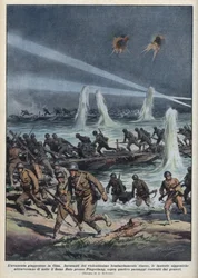 Second Sino-Japanese War (1937-1945): The Japanese army crosses the Huto River near Pingshang, under Chinese bombing. Illustration by Achille Beltrame from La domenica del corriere of 17/10/1937