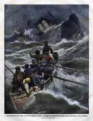 Sinking of an Italian boat off Tuscany in 1910. illustration by Achilles Beltrame