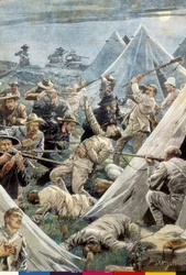 South Africa. Second Boer War. Attack to the English camp of Tweefontein (1902). Illustration by Achille Beltrame
