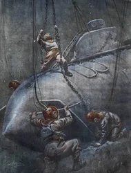 The catastrophe of the French submarine Pluviose in 1910. The scaphandlers try to fix the chains to pull it up. Illustration by Achille Beltrame