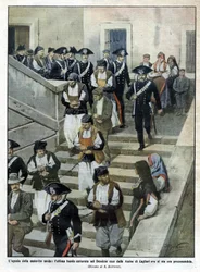 The Last Gang of Sardinian Criminals Leaving the Assize Court in Cagliari Where the Trial Takes Place. Illustration by Beltrame. La Domenica del Corriere. 07/1913