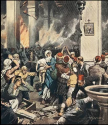 The massacres of Armenians in Turkey in 1909 in Adana, illustration by Achilles Beltrame (1871-1945) in “La Domenica del Corriere” of May 1909