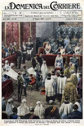 The wedding of Princess Lydia of Arenberg and Duke of Pistoia: a magnificent ceremony in the Cathedral of Turin, in the presence of the rulers and princes of the House of Savoy and the Arenberg family. Ill. de Baltrame. La Domenica del Corriere. 13/05/1928