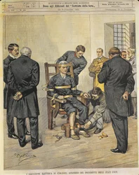 United States of America, 20th century, the electric chair execution of Czolgosz, murderer of the President of the United States McKinley, October 29 1901, artwork from a magazine cover