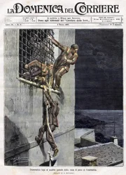 Escape of three prisoners from Finalmarina prison in Italy in 1907. Illustration of Achille Beltrame for the Domenica del Corriere of March 3